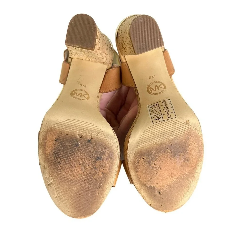 Michael Kors Platform Sandals 6 Tan Leather Boho Cork Block‎ Heel Buckle Strap